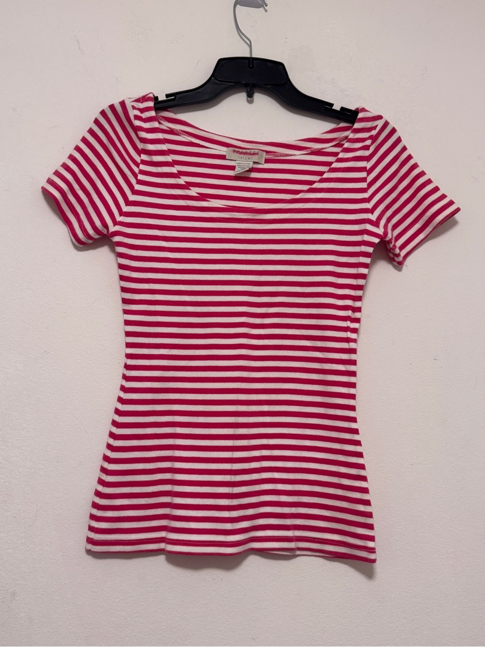 NEWE xpress Tricot Pink &White 100%Cotton Striped Fitted Scoop Neck Tee Women XS - Picture 2 of 6